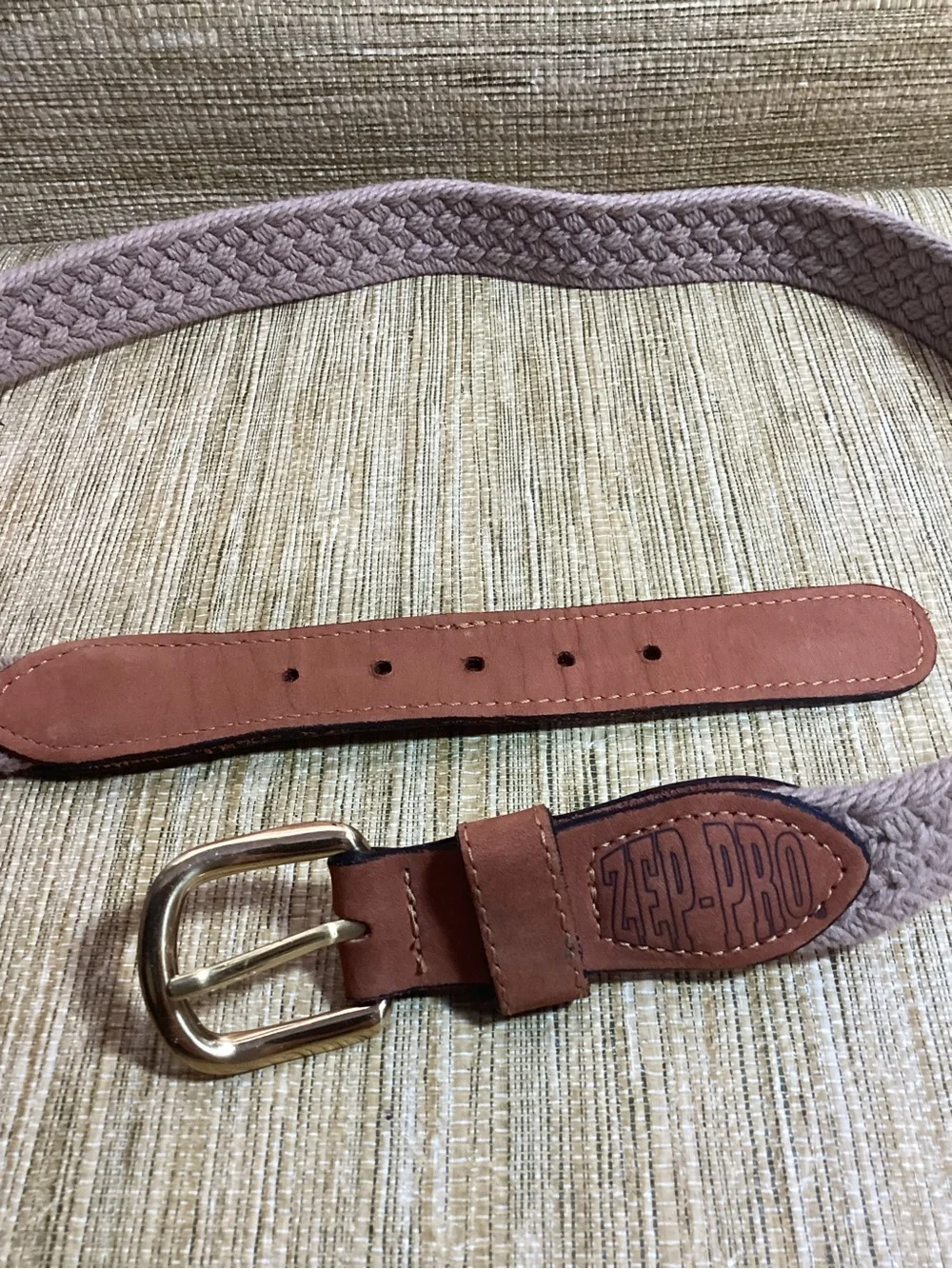 New Zep-Pro Braided Beige Belt with Brown Leather Accents Size 38